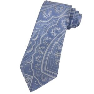 Bugatti‎ Tie Mens Blue White Stripe Floral Abstract 100% Silk Tribal Necktie
